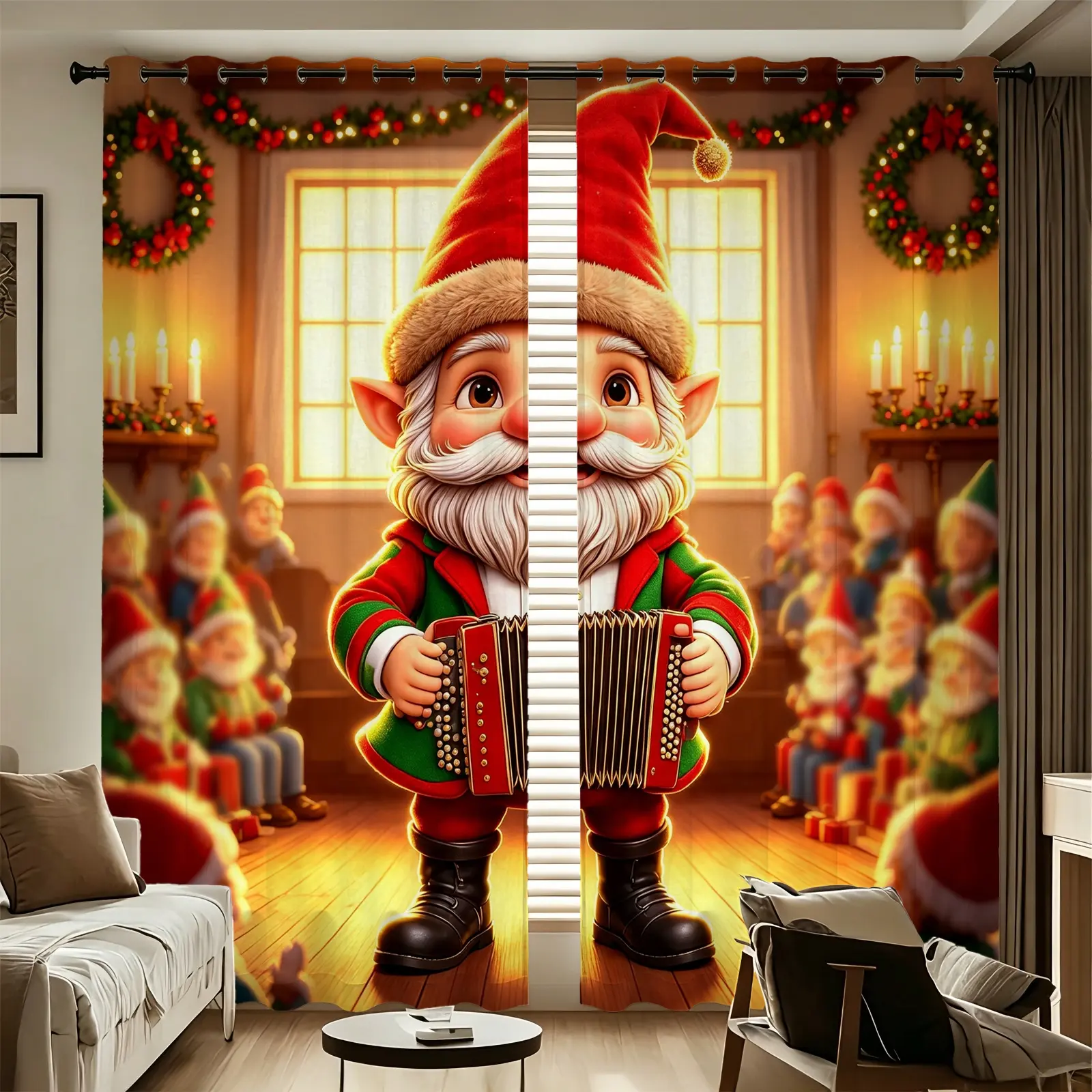 2pcs Curtain set Christmas Gnome Accordion Player Printed Curtains, 85% blackout, rod pocket design, heat insulation and sun protection, easy to clean, create warm festive cozy atmosphere, ideal for living room bedroom winter holiday home decor