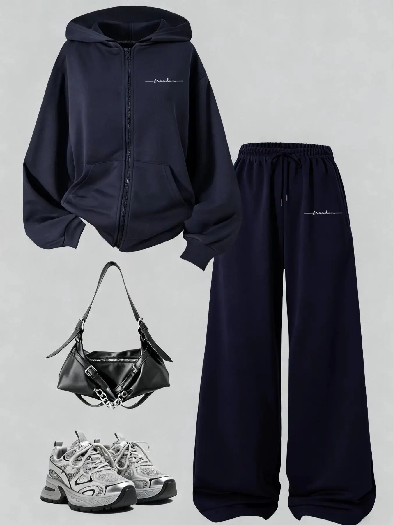 Women's Loose Hooded Zip Pocket Sweatshirt + Casual Straight Leg Pants Set, Letter Print, Comfortable, All Seasons, Home & Outdoor