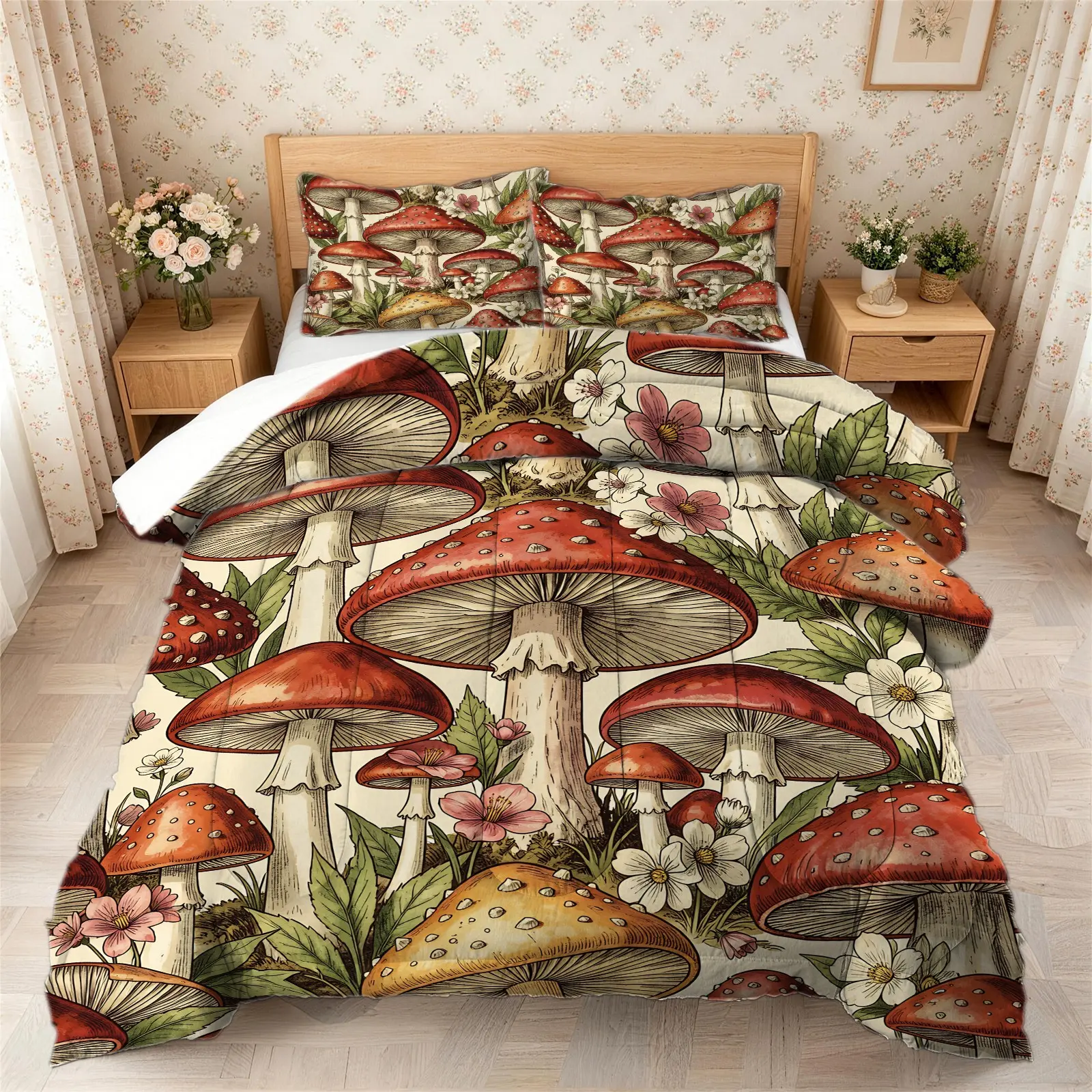 2/3Pcs Vintage Cottagecore Mushroom Floral Comforter Set, Digital Print Soft Microfiber Quilt Bedding Set with Pillowcase, Aesthetic Woodland Botanical Pattern Warm Bed Quilt Set , Decor for Teens Adults Bedroom Dorm Guest Room Home Decor Gift