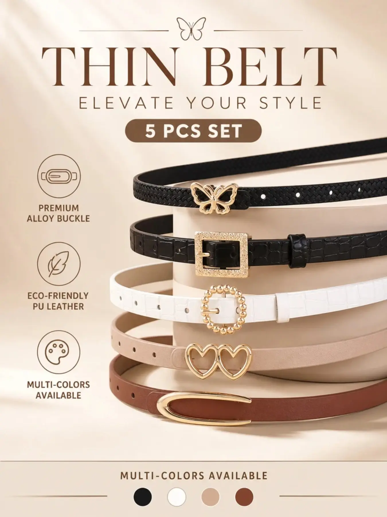 2026 Women's 5-Pack Skinny Belt Set, Eco PU Leather Thin Waist Belts for Dresses Jeans Suits, Alloy Butterfly Heart Square Buckles, Multi-Color Black Brown Beige, Adjustable Fashion Gift for Her Ins Y2K