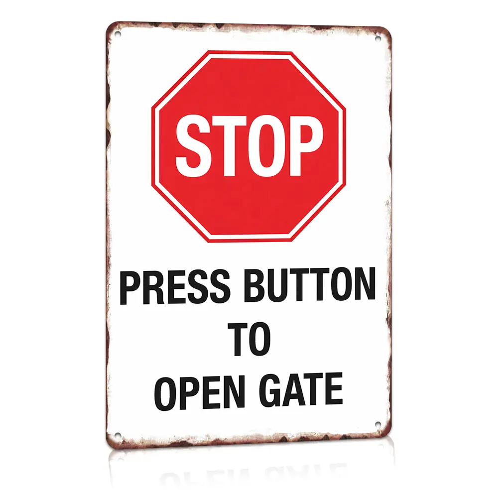 Distressed White Vintage Stop Press Button To Open Gate Metal Sign Decor, Driveway Wall, Entry Gate Layout, 12x8", Rust-Proof Aluminum Sign, Entrance Gate Wall Sign, Private Property Owners, Viral Driveway Warning Decor, Homeowner Birthday Gift