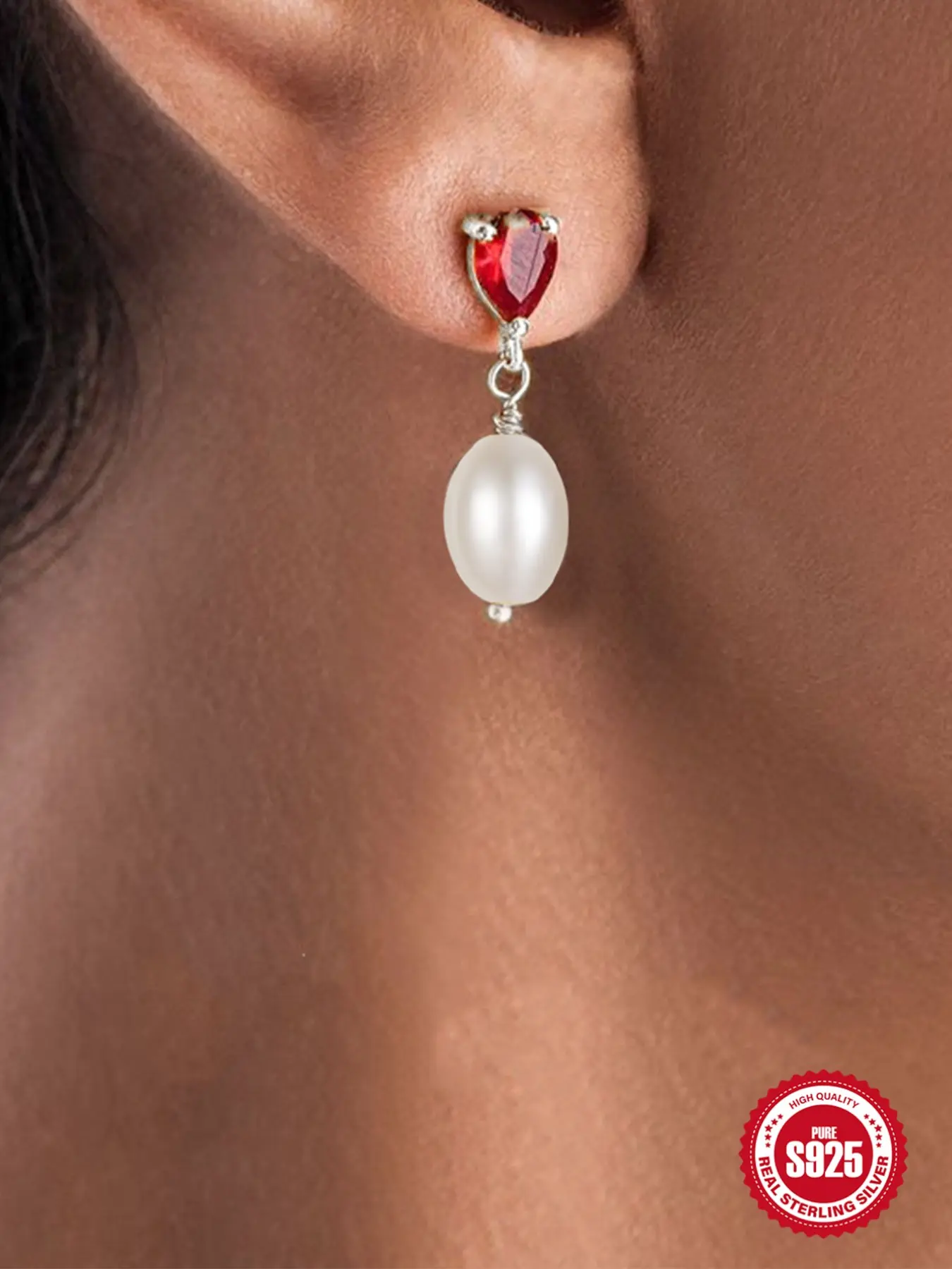 1Pair 925 Sterling Silver Classic Ruby CZ & Pearl Stud Earrings Hypoallergenic Cartilage Helix Tragus Lobe Piercing Jewelry Suitable For Women For Daily, Dates, Vacation, Wedding, Party, Holiday Gift