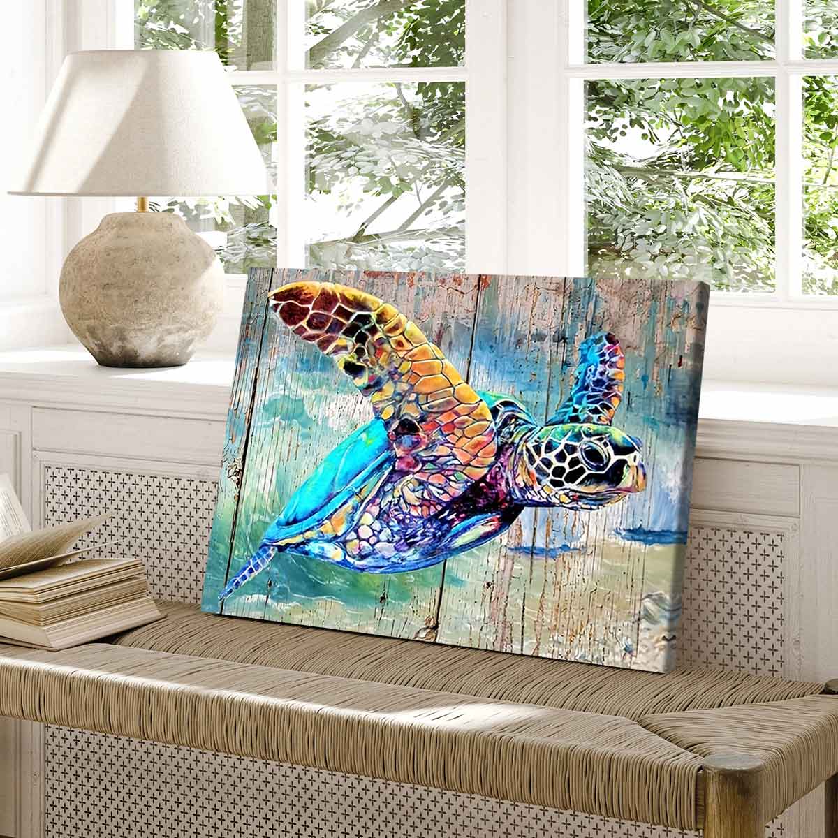 Colorful Sea Turtle Pattern Wooden Framed Canvas Painting, Ocean Vitality Poster, Modern Art Decoration, Wooden Wall Art, Home Decoration for Living Room Bedroom, Ornaments