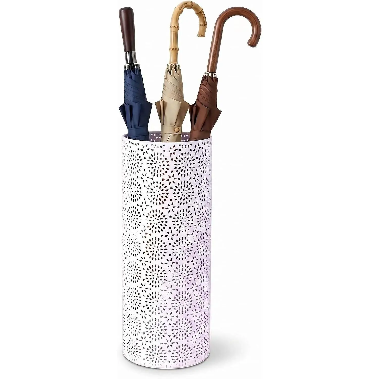 Umbrella Stand Rack for Entryway, Free Standing Metal Umbrella Holder, Round Umbrella Organizer Bin with 3 Hooks for Long Short Umbrella, Walk Stick, Home Office Indoor, 17 x 7 Inch, White