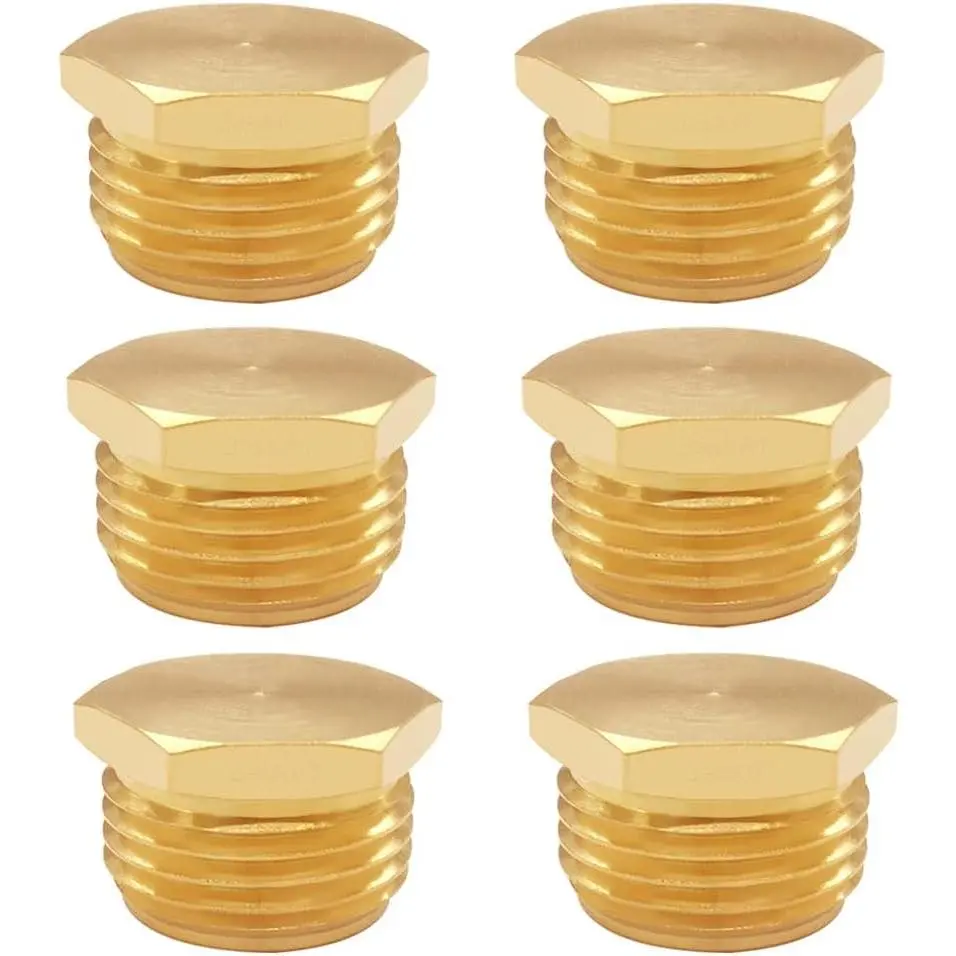 6 count 3/4" GHT Male Brass Garden Hose End Cap Pipe Plug Outer Thread | Solid Brass, Male Hex Design, 3/4" Ght Thread, Pipe End Stopper,  To Seal Garden Irrigation Tubing Ends