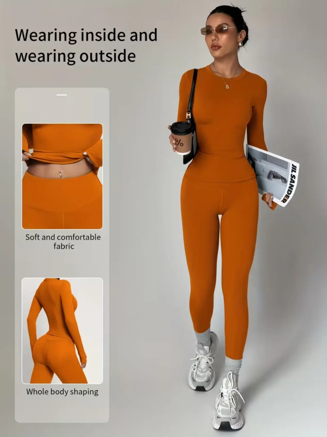 Women's Two-Piece Sportswear Set, Solid Color Top, Elastic Slim Fit Round Neck, High Waist Tight Fit, Dance Running Yoga Daily Wear, Active Wear
