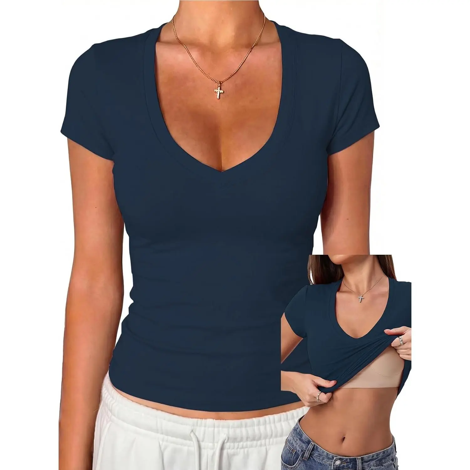 Women's Nude Built-in Bra Cotton V-Neck Short Sleeve T-Shirt - Non-See-Through, Stretchy, Fitted Basic Top for Summer Casual, Gym Workout - Pair with Earrings, Jackets Going Out Tee