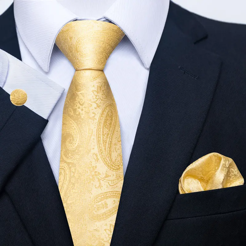 Solid Color Yellow Polyester Ties For Men Handky Cufflinks Set Fashion Gift For Men's Tie Wedding Business Necktie