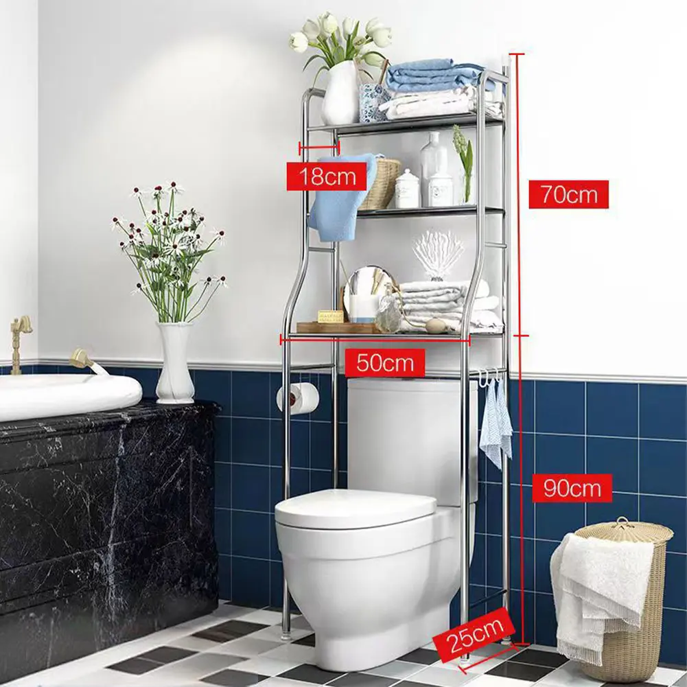 Over the Toilet Storage Rack, 3-Tier Metal Over Toilet Bathroom Organizer with Removable Towel Hooks & Paper Holder, Freestanding Storage Shelves for Bathroom, Restroom, Laundry Room