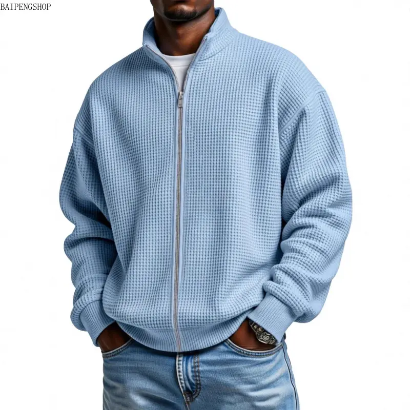 Men's Minimalist Waffle Knit Half-Zip Longsleeve Pullover - Soft Textured Loose-Fit Polyester Menswear Knitwear, Fall Winter Basic Top for US Daily Street Outfits