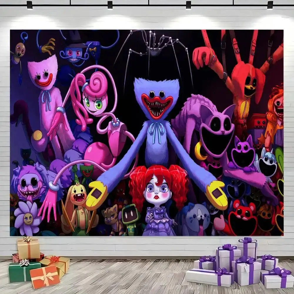 Poppy Playtime Video Game Backdrop Funny Cartoon Horror Theme Tapestry Wall Hanging Polyester Photography Background Kids Birthday Party Decor Studio Celebration Prop Banner Gift