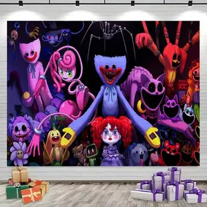 Poppy Playtime Video Game Backdrop Funny Cartoon Horror Theme Tapestry Wall Hanging Polyester Photography Background Kids Birthday Party Decor Studio Celebration Prop Banner Gift