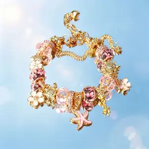 Classic Sakura  Bracelet, Fashion Sea Wind Starfish Shell DIY Bracelet, Sakura  Gift for Girls Women Friends, Metal Bracelet, Summer Dainty Jewelry