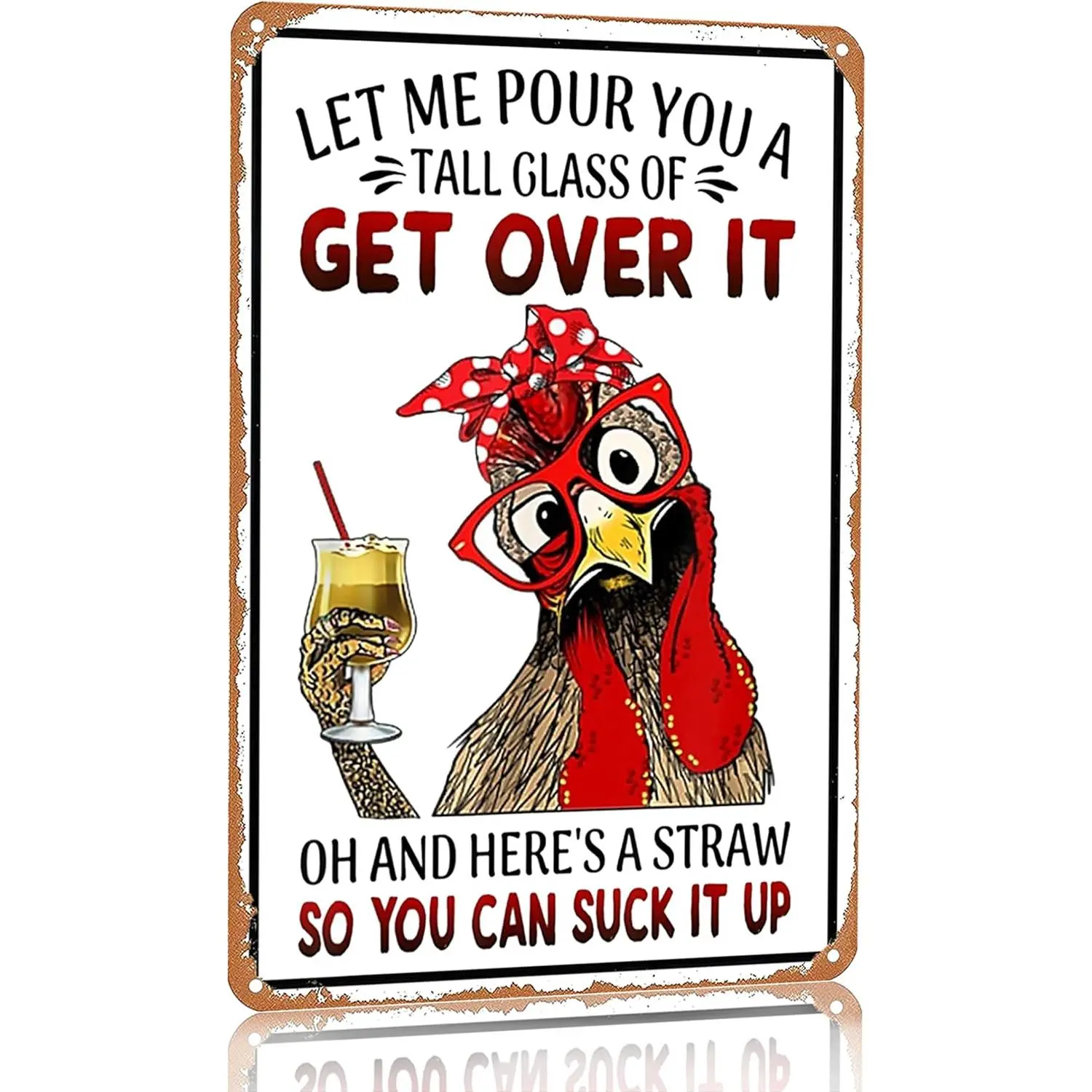 Funny Rooster Metal Tin Sign – Vintage Farmhouse Sarcastic Wall Decor “Get Over It” Chicken Art8 X 12 Inch (3188)