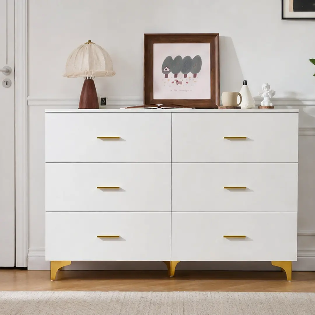 ARCH White 6 Drawer Dresser with Gold Handles & Metal Legs, Modern Chest of Drawers for Bedroom, Living Room, Hallway, Particle Board+MDF, Soft Close Drawers, Freestanding Storage Cabinet, 47.24x14.96x31.50 Inches, White Color Options