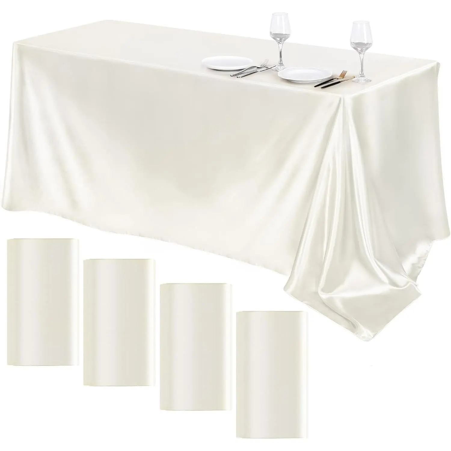 4 Packs Satin Tablecloth 102 x 58 Inch Overlay Satin Table Cover Rectangle Bright Silk Tablecloth Smooth Fabric Table Decoration for Wedding Banquet Party Events, Ivory