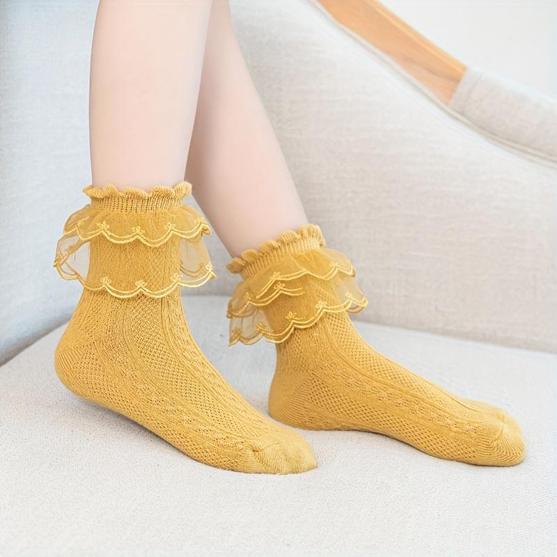 (New)New[Breathable Lace Socks] 5 Pairs Breathable Girls' Lace Ruffle Socks |               Polyester Blend, Comfortable, All-Season White Princess Socks for Dancing, Hand Wash Only, Dancing Socks |               Ruffle Detail Socks |               Knit T