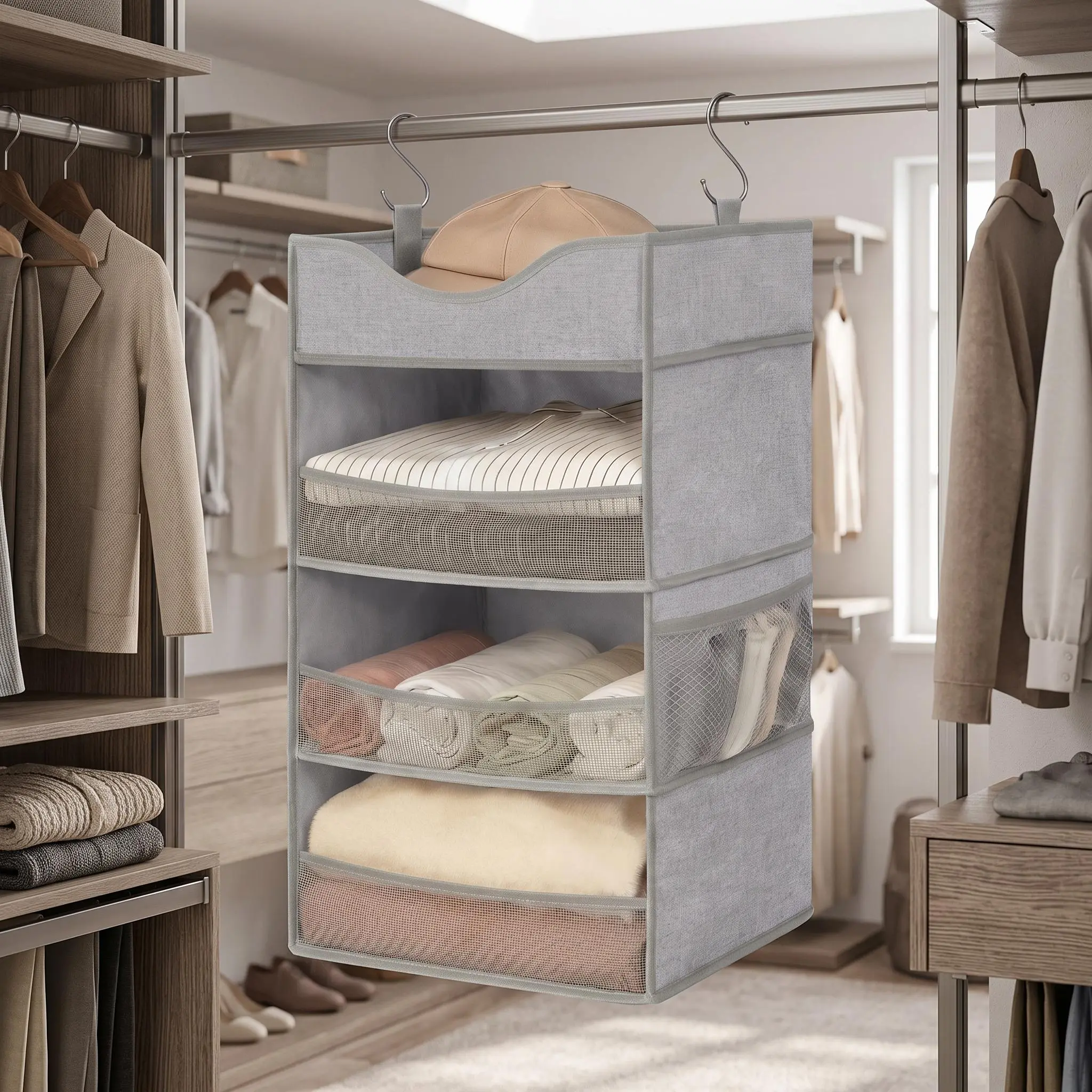 【IdealHouse】3-Tier Vertical Hanging Closet Organizer with Top Shelf, Space Saving Wardrobe Hanging Storage Shelves for Sweaters, Handbags and Shoes, Gray Storage Solution for Apartment, Dorm and RV