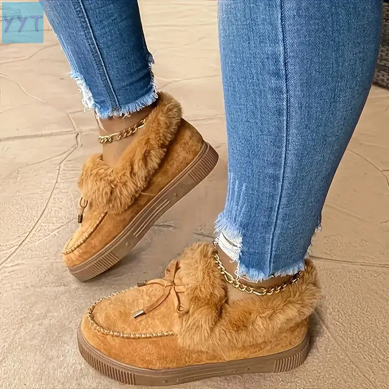 YYT1  Women's Fluffy Furry Snow Boots, Solid Color Bowknot Plush Lined Ankle Boots, Winter Warm Flat Fuzzy Short Boots