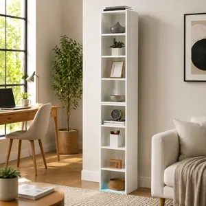 8-Tier MDF Laminate Arch Media Tower Rack, Tall Narrow Durable Office Storage Cabinet with Adjustable Shelves, Sturdy Iron Bars, 11.6"L x 9.3"W x 70.9"H, 35.2 lbs, Easy to Clean Home Office Furniture (Includes Hardware)