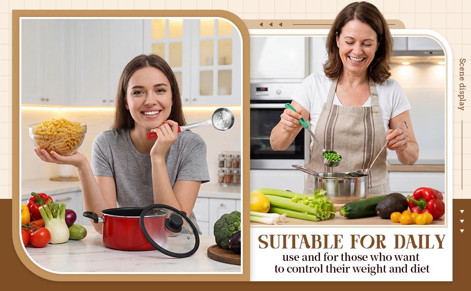 2 Pcs Portion Control Serving Spoons, Restaurant Measuring Serving Ladle Utensils, Portion Spoons for Weight Loss, Kitchen(Red,2 oz,Solid and Slotted)