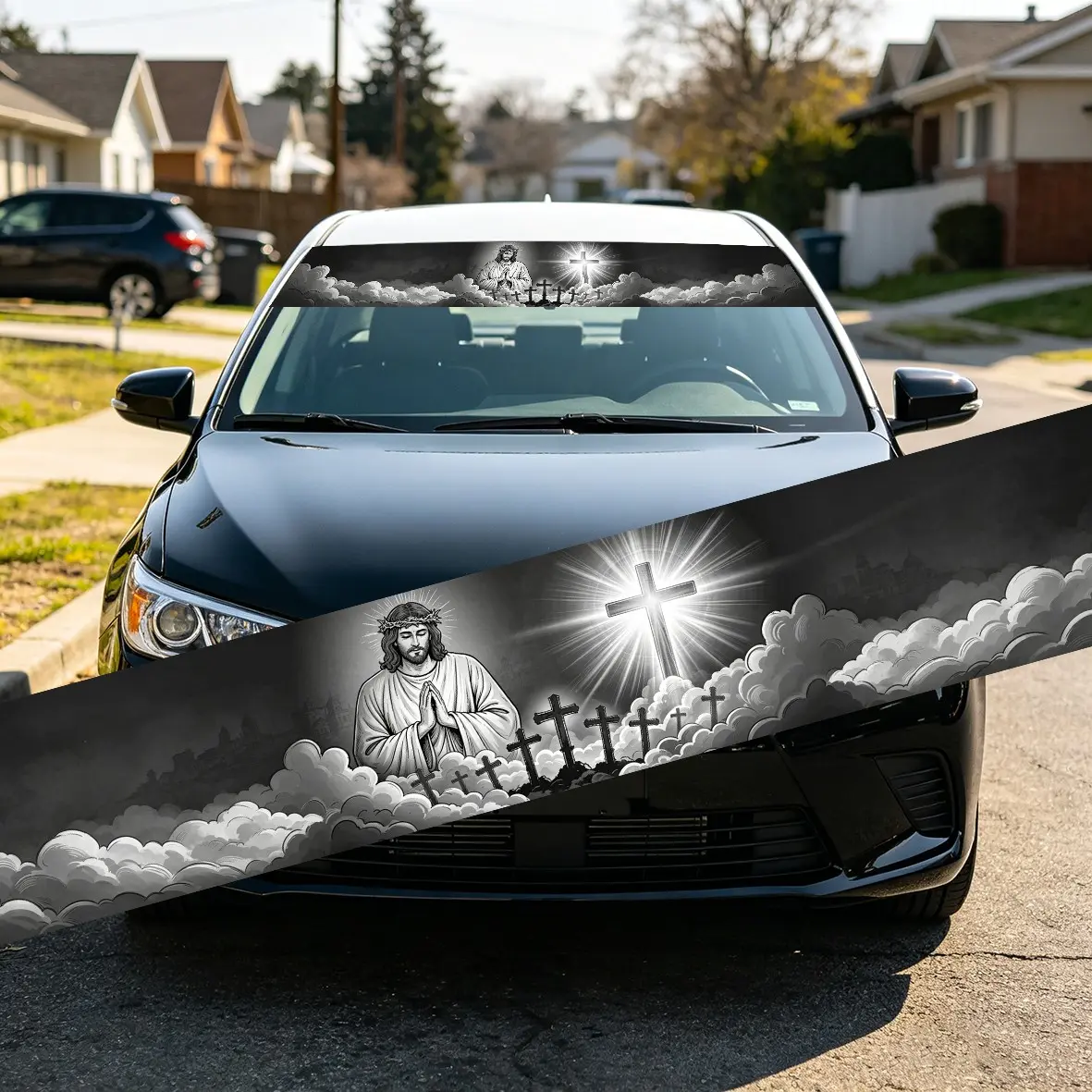 1pcs Car Windshield Sticker, Sunshade Scratch Guard, Anti-Scratch Waterproof UV Protection, Jesus Pattern Vinyl Decal, Car Modification Decor