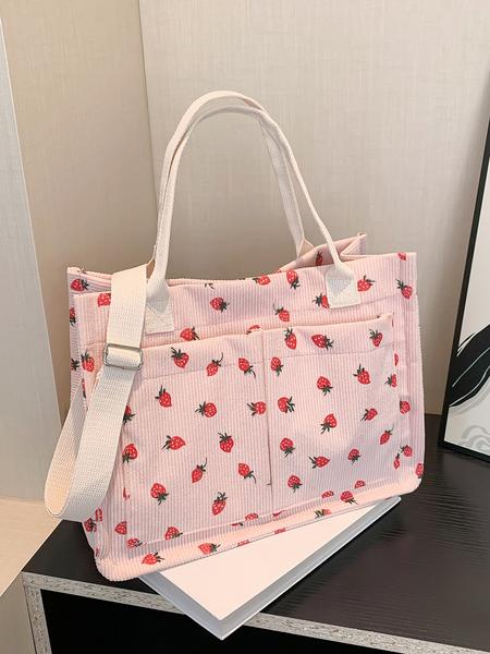 Small fresh strawberry print canvas tote bag for women Strawberry Themed Bag Large capacity multi-pocket shoulder bag Fashionable and versatile student bag Can hold mobile phones and cosmetics to meet the capacity needs of daily commuting and shopping