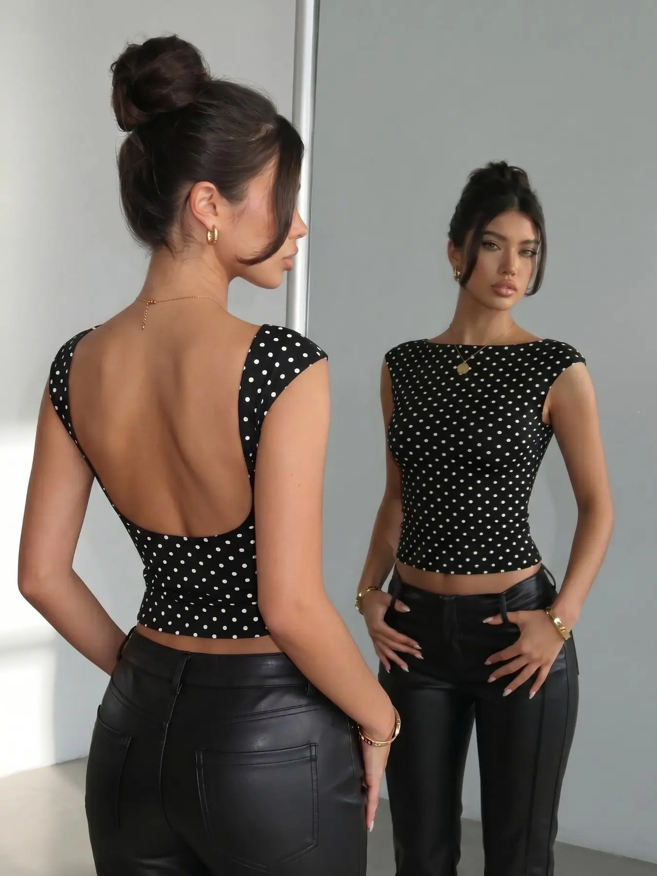 Women Retro Vintage Black White Polka Dot Backless Crop Blouse, Summer Soft Stretch Material, Boat Neck Cap Sleeve Big Open Back Slim Fit Hem, Urban Street Shooting Elegant Dotted Short Fitted Top #tiktokviral #womenscasual