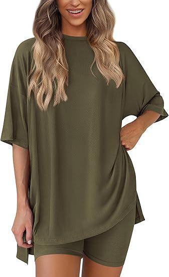 Women's 2-Piece Shorts Set Oversized T-Shirt with Side Splits and High Waist Shorts - Comfy Solid Lounge and Workout Outfit, XS-4XL