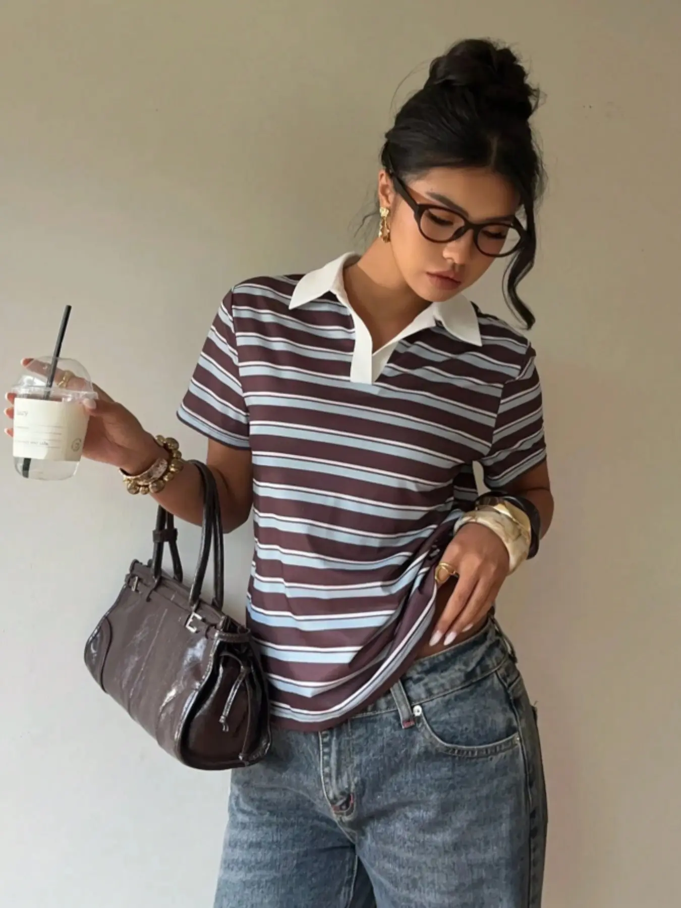 Vintage Blue Striped Polo Collared Short Sleeve Women's American Casual Contrast Collar Loose Fit T-Shirt, Retro College Style Oversize Tops