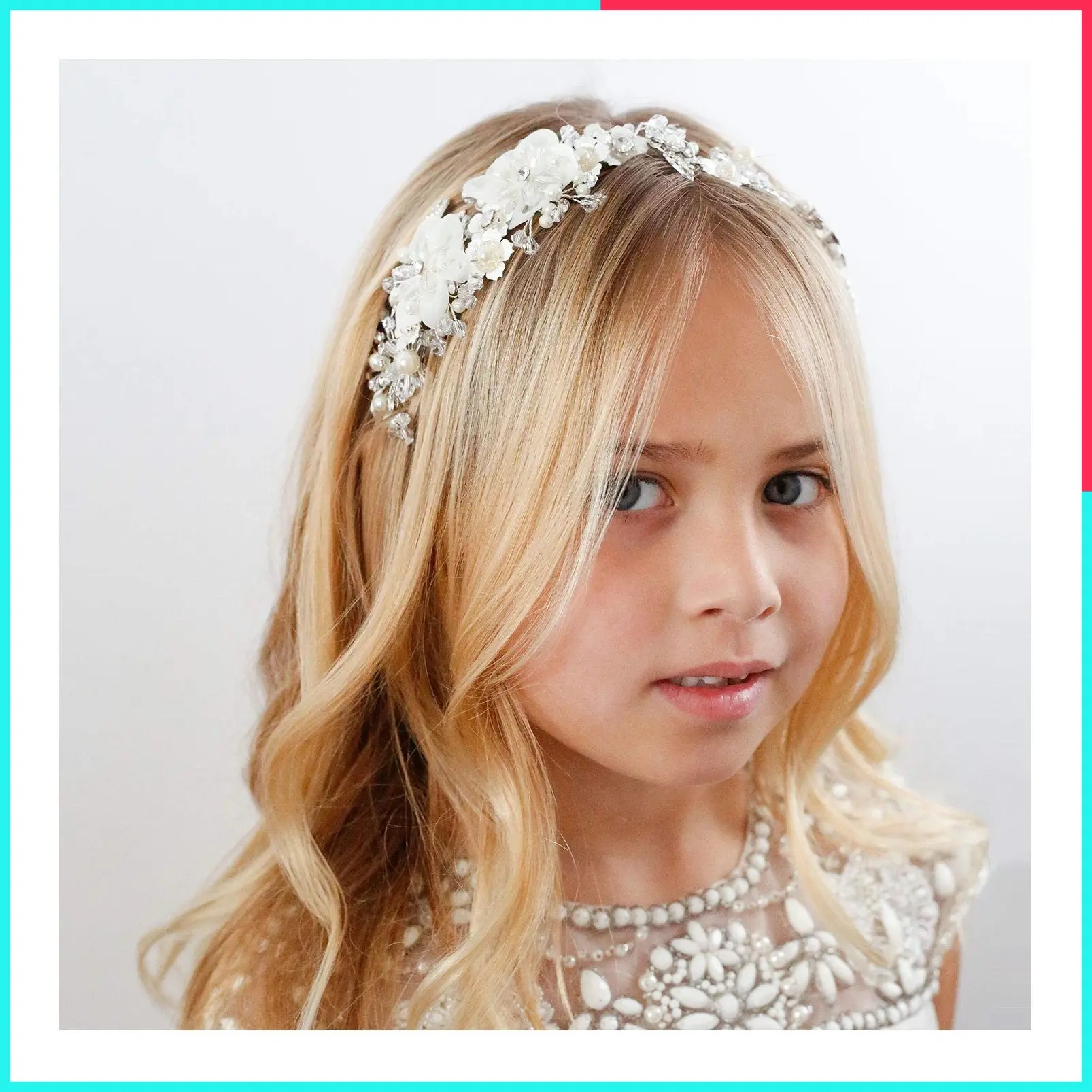 Ivory Tulle Flowers Wedding Headband Flower Girl Headpiece with Pearl Hair Accessories for Birthday Party and First Communion