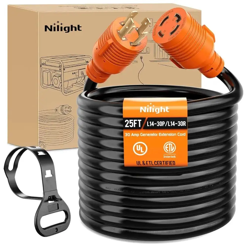 Nilight 30 Amp 25FT Generator Extension Cord 125/250V 7500 Watt Heavy Duty 10 Gauge Pure Copper STW Wire ETL Listed 4 Prong L14-30P L14-30R Cable for RV Camper Outdoor Use