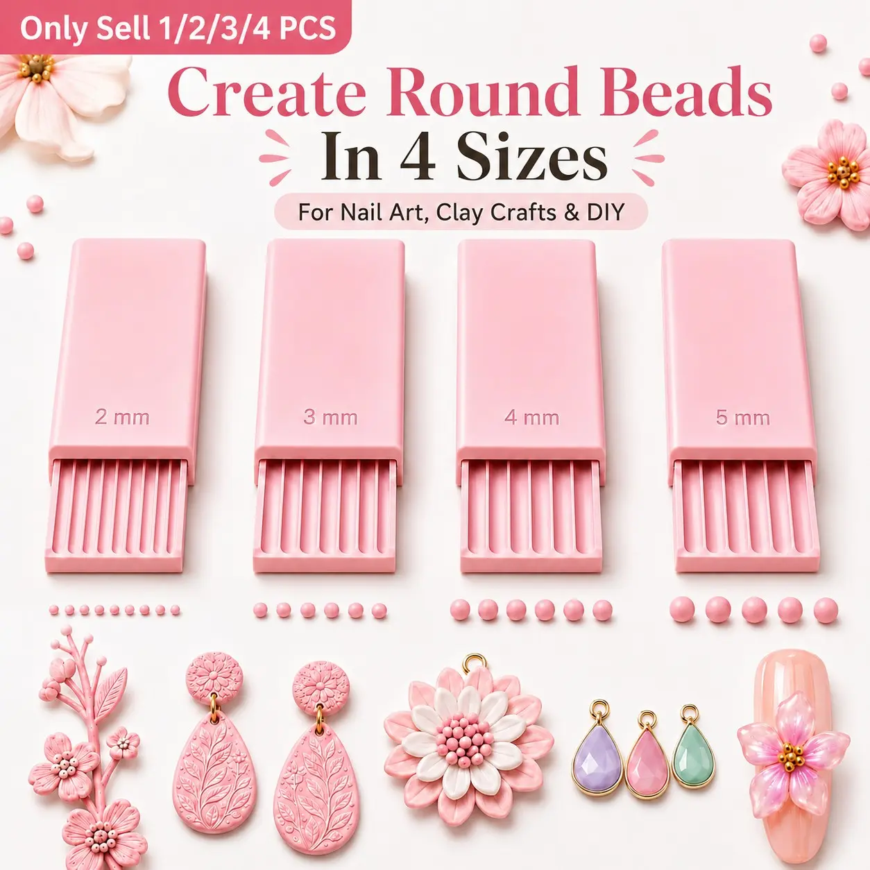1/2/3/4 PCS 3D Print Clay Gel Ball Maker Tool, Nail Art Bead Roller for 3D Gel Flowers, Bead Roller for 2mm 3mm 4mm 5mm Round Beads, Sphere Shaper for Nail Art, Polymer Clay, Earrings, Jewelry Making and DIY Crafts