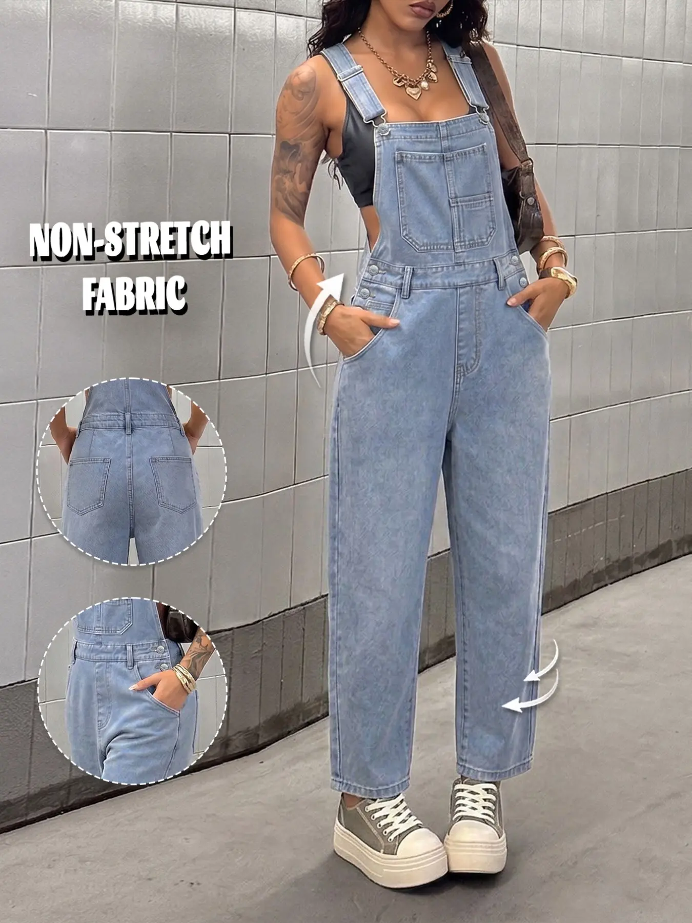 GILIPUR Women's Denim Overalls (1 Piece) — Loose-fitting, light blue one-piece jumpsuit with pockets; casual, relaxed-fit overalls perfect for everyday wear and street style, Streetwear