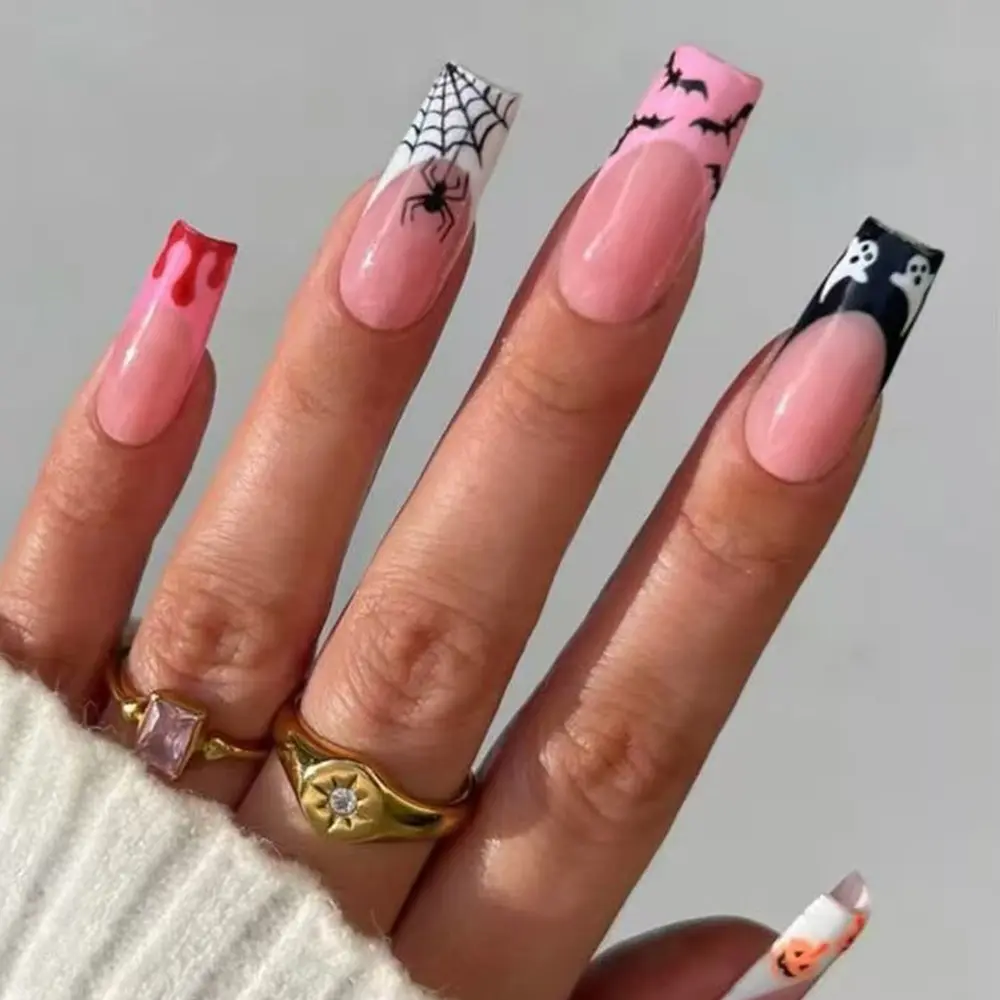 Halloween 24pcs Long Coffin Press-On Nails, Spider Ghost Blood Drop Pumpkin Design, Acrylic Set Nails Kit with Jelly Glue and Nail File