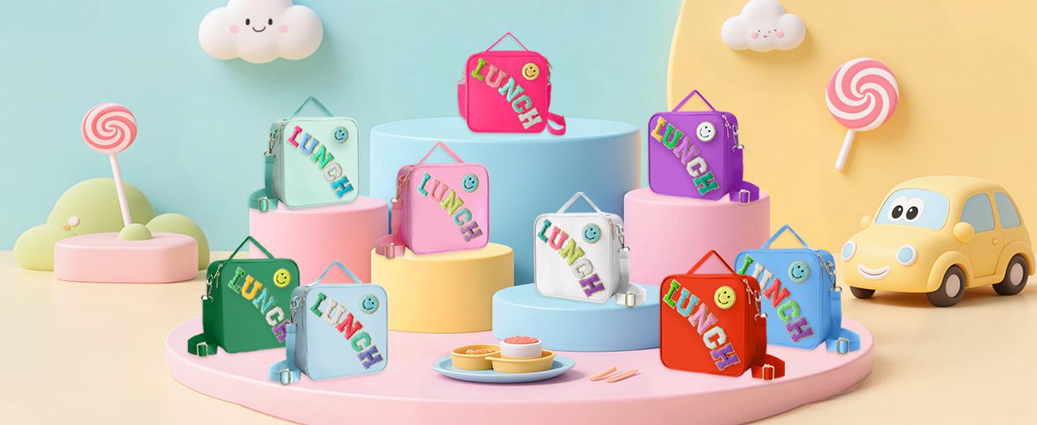 Insulated Lunch Bag with Adjustable Shoulder Strap, Nylon Preppy Lunch Box for Girls, Lightweight Leakproof Reusable Tote, Smiley Face Pattern, for School Travel Picnic, Pink – Bolsa de Almuerzo