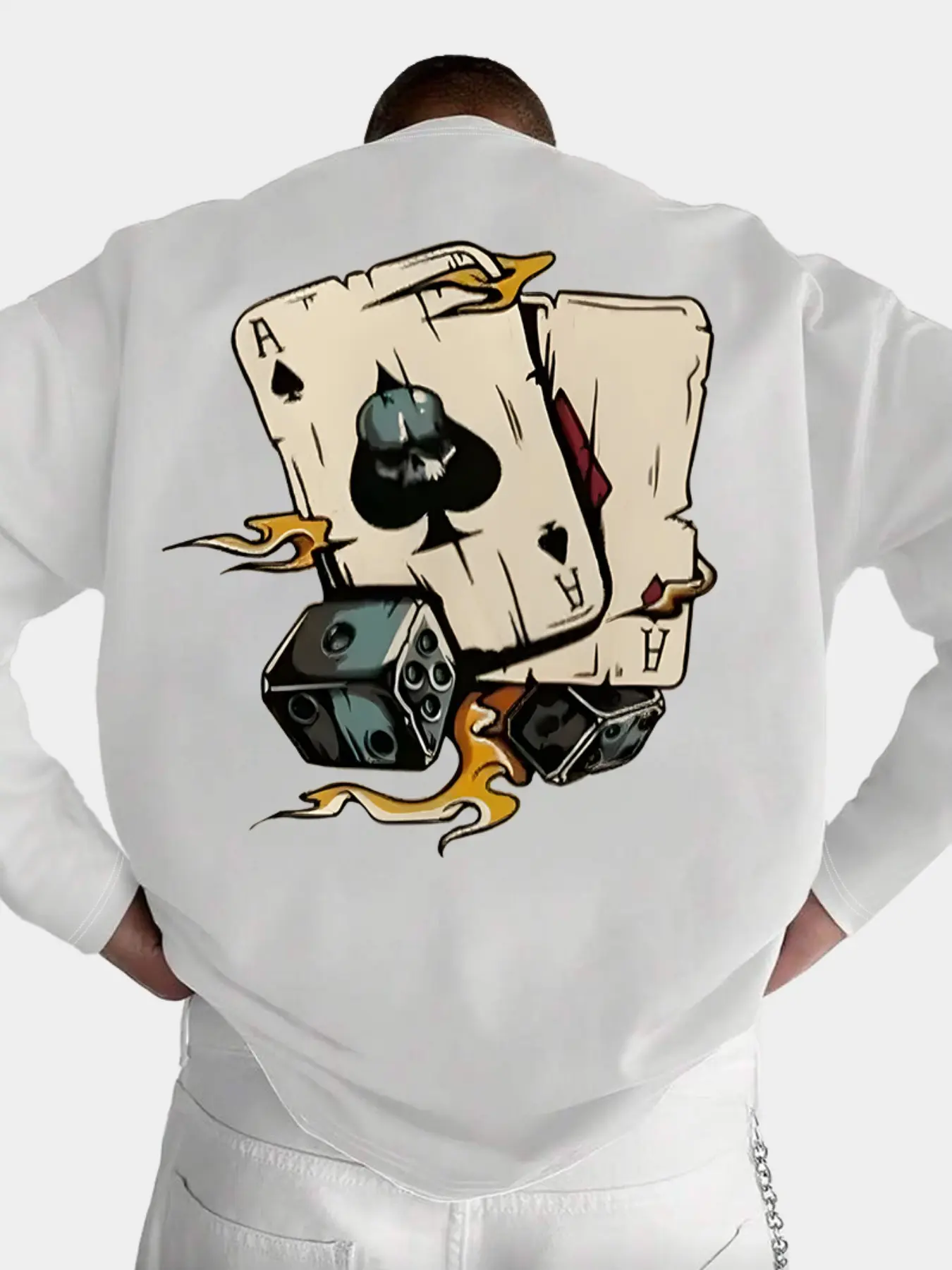 Oversized Crew Neck Sweatshirt, Chest & Back Dual Skull Ace Spade Card Dice Flame Graphic Print Loose Vintage Punk Casual Streetwear Long Sleeve Top #CardDiceSweatshirt #PunkStreetwear #SkullGraphicTop #DualPrintSweat #TikTokMadeMeBuyIt