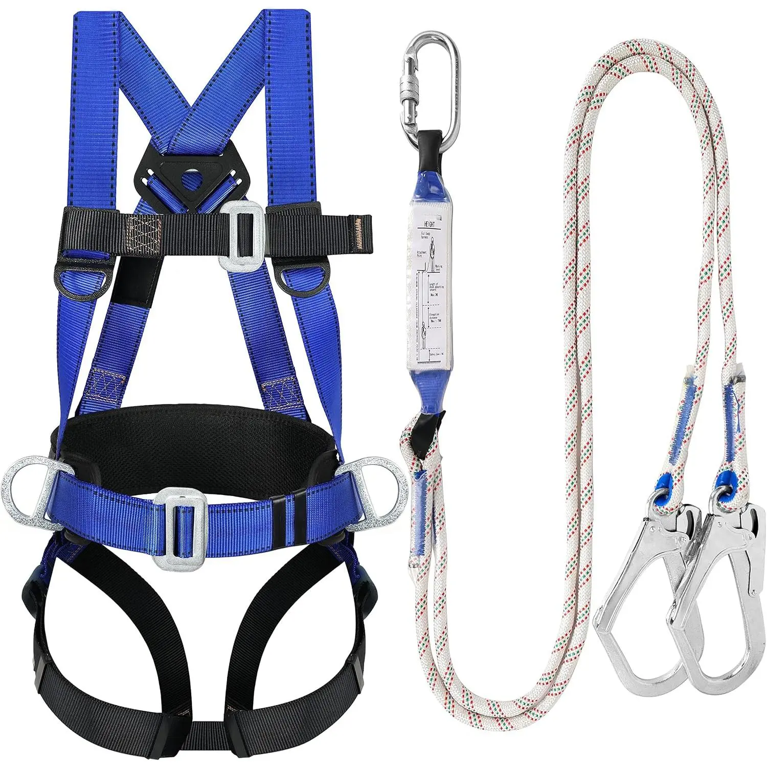 Unisex Full Body Safety Harness Kit with Shock-Absorbing Lanyard, 1 Size Padded Fabric for Arborist Work, Tree Climbing, and Roofing, One Size