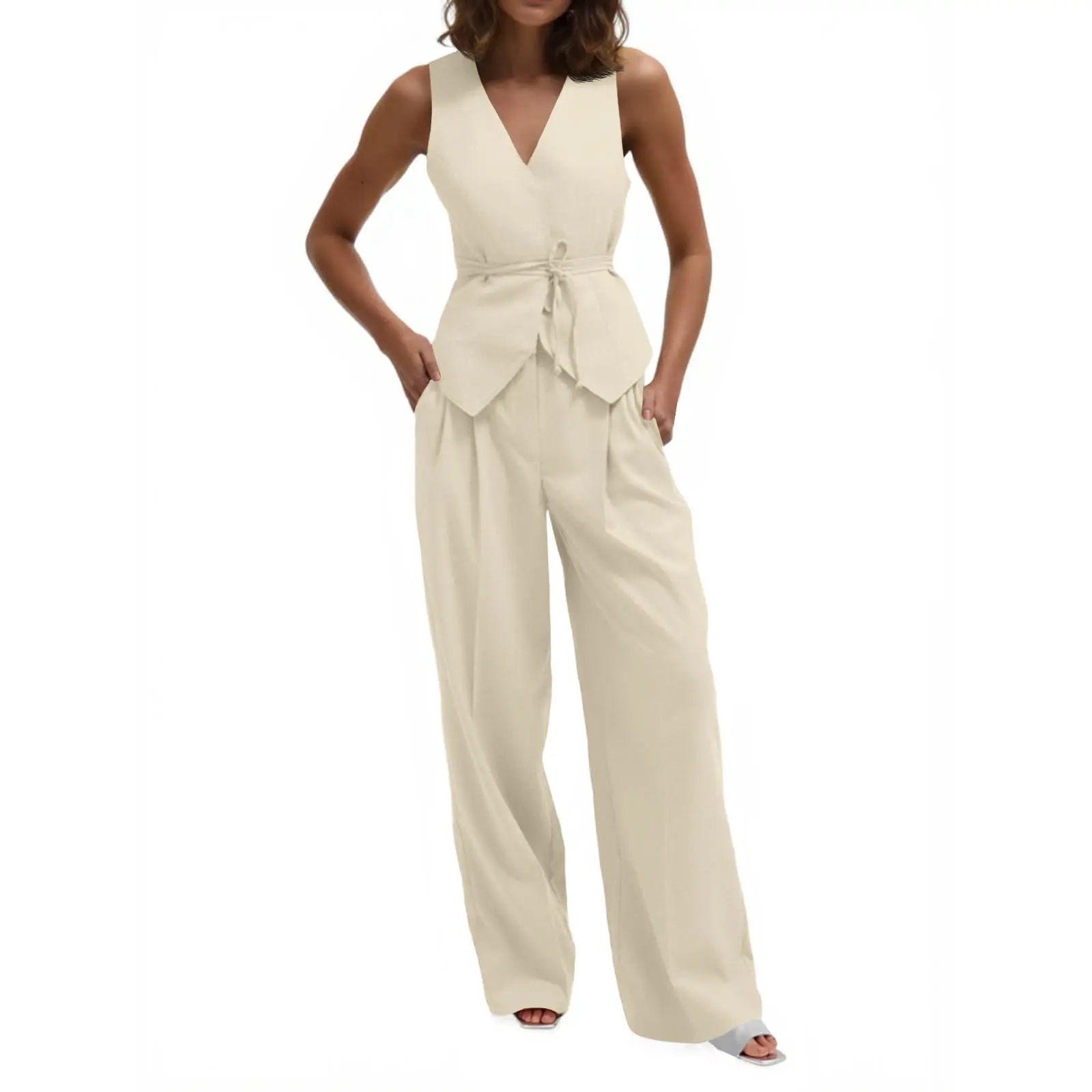 Cicy Bell Womens 2 Piece Outfits V Neck Tie Waist Blazer Vest and Wide Leg Business Casual Suit Pants Sets