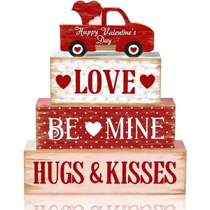 4Pcs Valentine's Day Table Decorations Wooden Heart Tiered Tray Signs, Tabletop Centerpiece Love Signs Gift, Farmhouse Decoration for Valentine's Day Home Kitchen and Party Decor