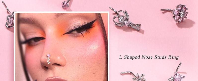 12PCS 20G Nose Rings Surgical Stainless Steel L Shaped Nose Studs for Women Men CZ Heart Butterfly Flower Leaf Moon Dangle Cute Nose Piercings Studs Screw Jewelry Pink