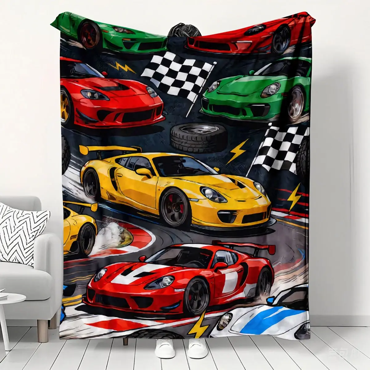 Cool Racing Car Print Flannel Blanket, Trendy Sports Car Sofa Throw, Bedroom and Living Room Decorative Blanket All‑Season Cozy Decorative Blanket, Portable Warm Soft Throw for Indoor Rest, Road Trips and Picnic, Thoughtful Present for Adults, Teenagers a