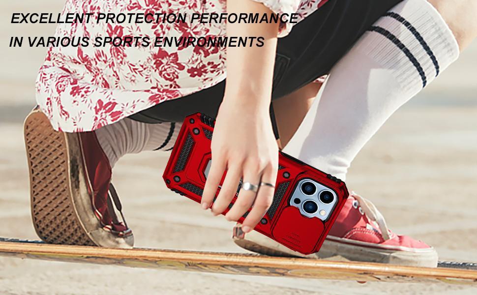 SunStory Compatible with iPhone 13 Pro Case with HD Screen Protector & Slide Camera Cover & Rotated Ring Kickstand, [Military-Grade] Phone Case for iPhone 13 Pro 6.1"(Red)