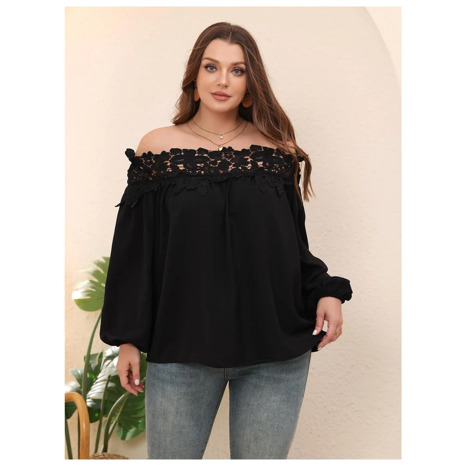 Plus Size Off The Shoulder Top Lace Bishop Long Sleeve Blouse