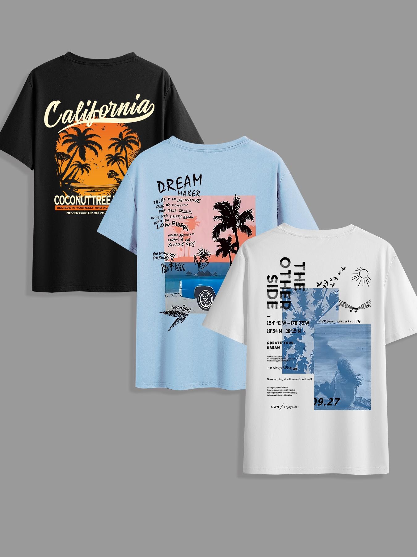 Men's Letter & Coconut Tree Print Round Neck Tee, Regular Fit Casual Short Sleeve T-shirt for Summer, Men's Top for Daily Wear