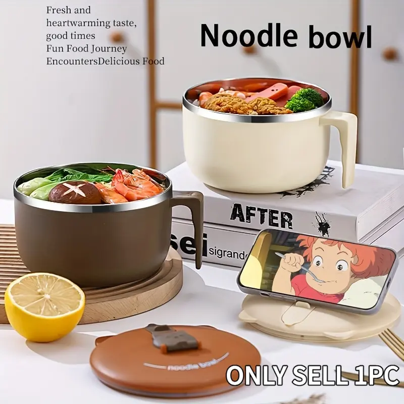 1 Stainless Steel Instant Noodle Bowl, Lunch Box, Dormitory/office Instant Noodle Cup with Cover, Sealed Portable Drain Bowl, Lamian Noodles Bowl, Portable Kitchen Tableware, Dish Bowl, Salad Udong Soup Bowl, Back to School Season