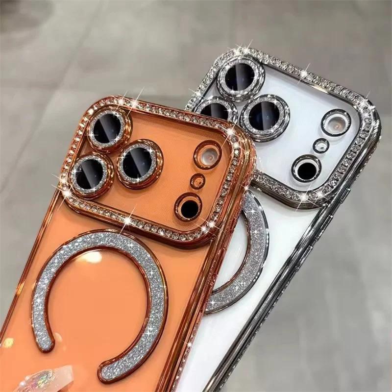 High-grade Glitter Rhinestones Phone Case For iPhone 17 16 15 11 12 13 14 Pro Max Plus Magsafe Magnetic Clear Lens Protect Cover
