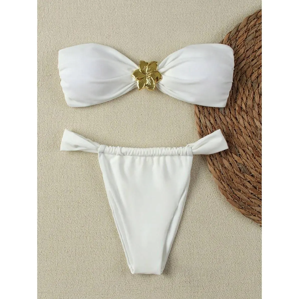 Women's New Pure White Bandeau Bikini Set - Adjustable Wide Shoulder Strap, Double Crisscross Sport Bra, Side Swim Panty, Multi-Size Polyamide Blend, Removable Pads, Mid Waist Cut, Hand Wash Only - Elegant Beach Vacation Swimwear, Poolside Swim