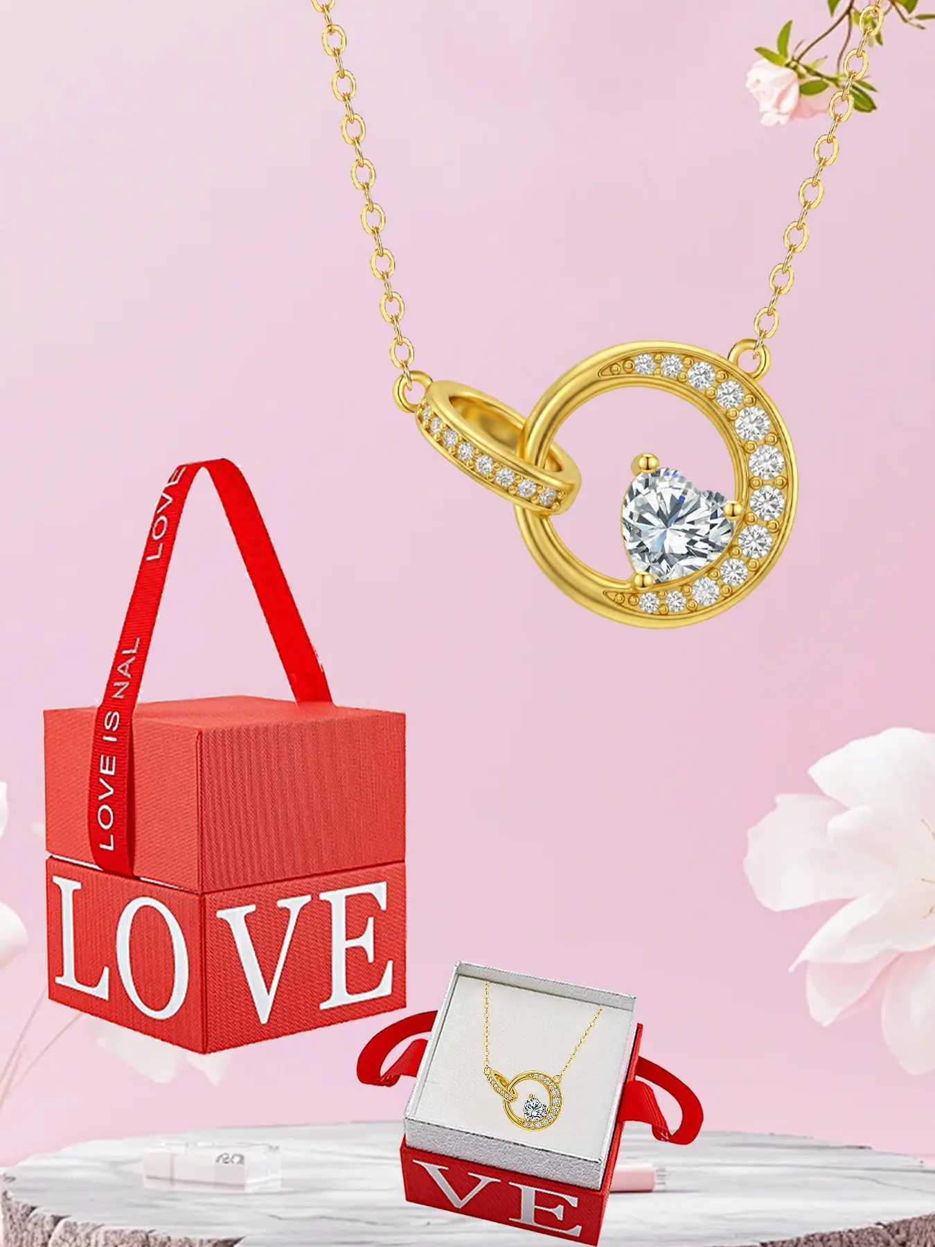 Double Ring Interlocking Pendant Necklace, Heart Birthstone Pendant, Adjustable Collar Chain, Love Gift Box, Birthday Present