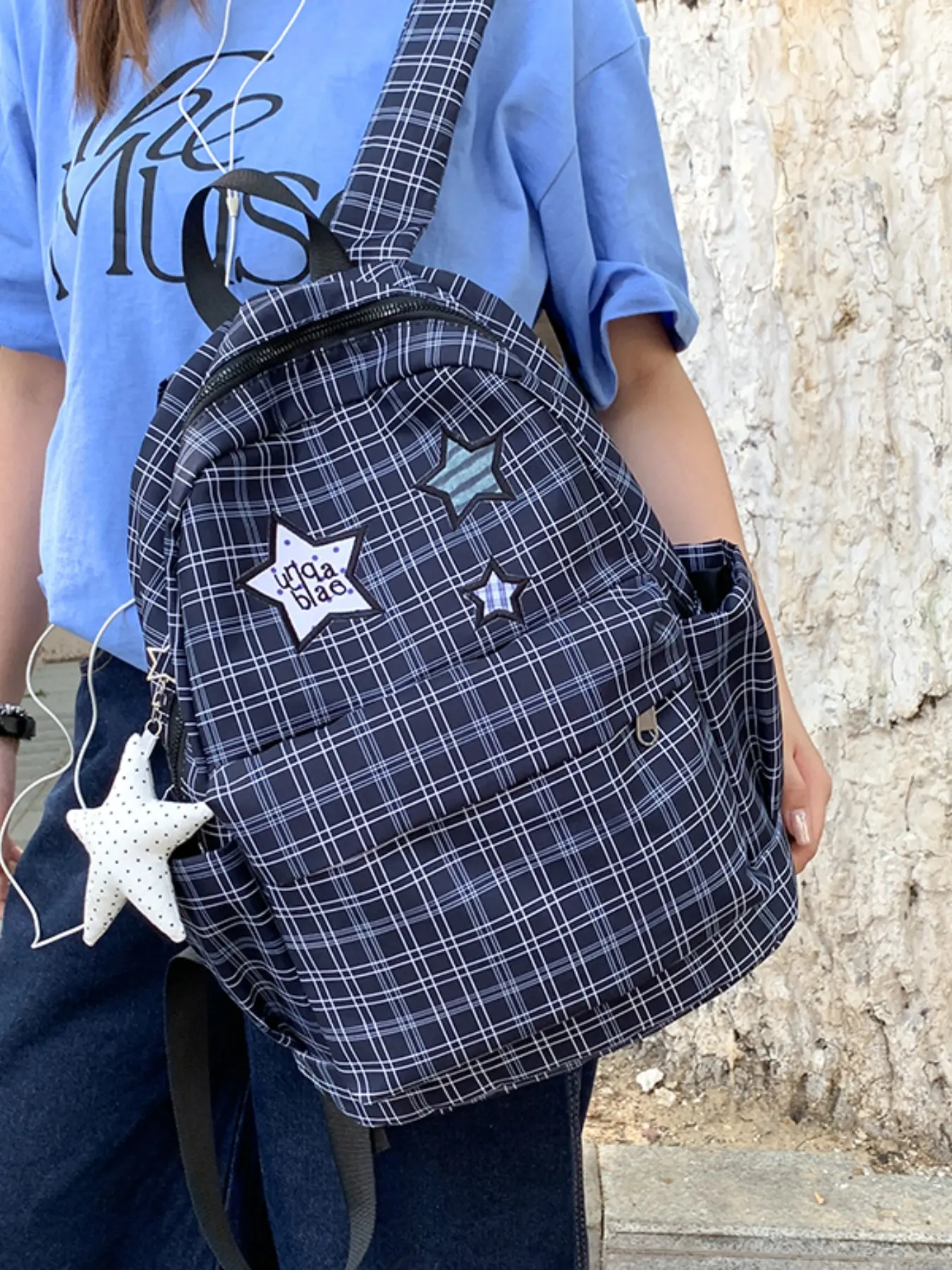 Large Capacity Gingham Backpack, Preppy Style Nylon Bag, Student Class Backpack with Star Charm, Casual Fashion for School & Daily Use